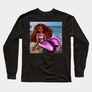 Mermaid relaxing on the rocks  with brown eyes, flowing Afro hair and caramel brown skin Long Sleeve T-Shirt